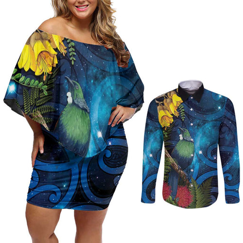 Tui Bird New Zealand Starry Sky Couples Matching Off Shoulder Short Dress and Long Sleeve Button Shirt Maori Koru