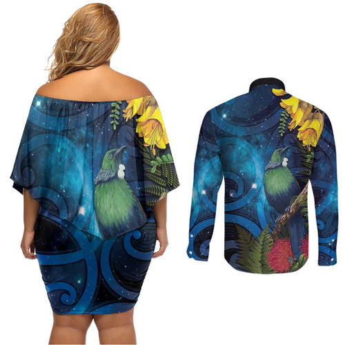 Tui Bird New Zealand Starry Sky Couples Matching Off Shoulder Short Dress and Long Sleeve Button Shirt Maori Koru