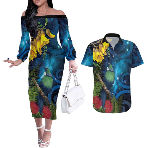 Tui Bird New Zealand Starry Sky Couples Matching Off The Shoulder Long Sleeve Dress and Hawaiian Shirt Maori Koru