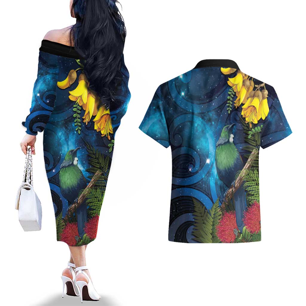Tui Bird New Zealand Starry Sky Couples Matching Off The Shoulder Long Sleeve Dress and Hawaiian Shirt Maori Koru