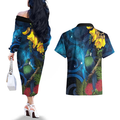 Tui Bird New Zealand Starry Sky Couples Matching Off The Shoulder Long Sleeve Dress and Hawaiian Shirt Maori Koru