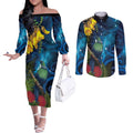 Tui Bird New Zealand Starry Sky Couples Matching Off The Shoulder Long Sleeve Dress and Long Sleeve Button Shirt Maori Koru