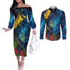 Tui Bird New Zealand Starry Sky Couples Matching Off The Shoulder Long Sleeve Dress and Long Sleeve Button Shirt Maori Koru