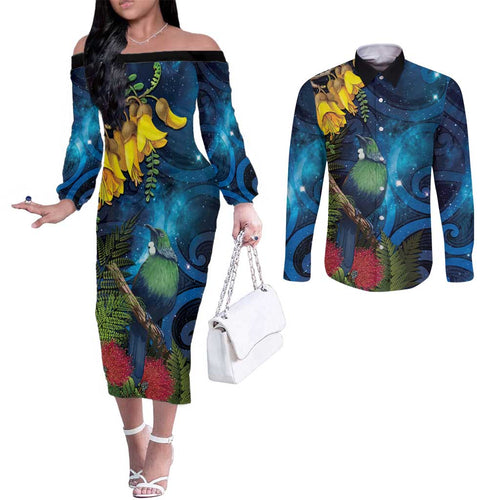 Tui Bird New Zealand Starry Sky Couples Matching Off The Shoulder Long Sleeve Dress and Long Sleeve Button Shirt Maori Koru