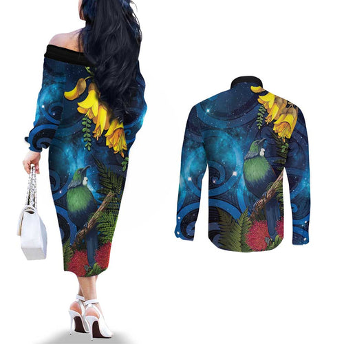 Tui Bird New Zealand Starry Sky Couples Matching Off The Shoulder Long Sleeve Dress and Long Sleeve Button Shirt Maori Koru