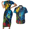 Tui Bird New Zealand Starry Sky Couples Matching Short Sleeve Bodycon Dress and Hawaiian Shirt Maori Koru