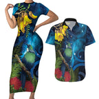 Tui Bird New Zealand Starry Sky Couples Matching Short Sleeve Bodycon Dress and Hawaiian Shirt Maori Koru