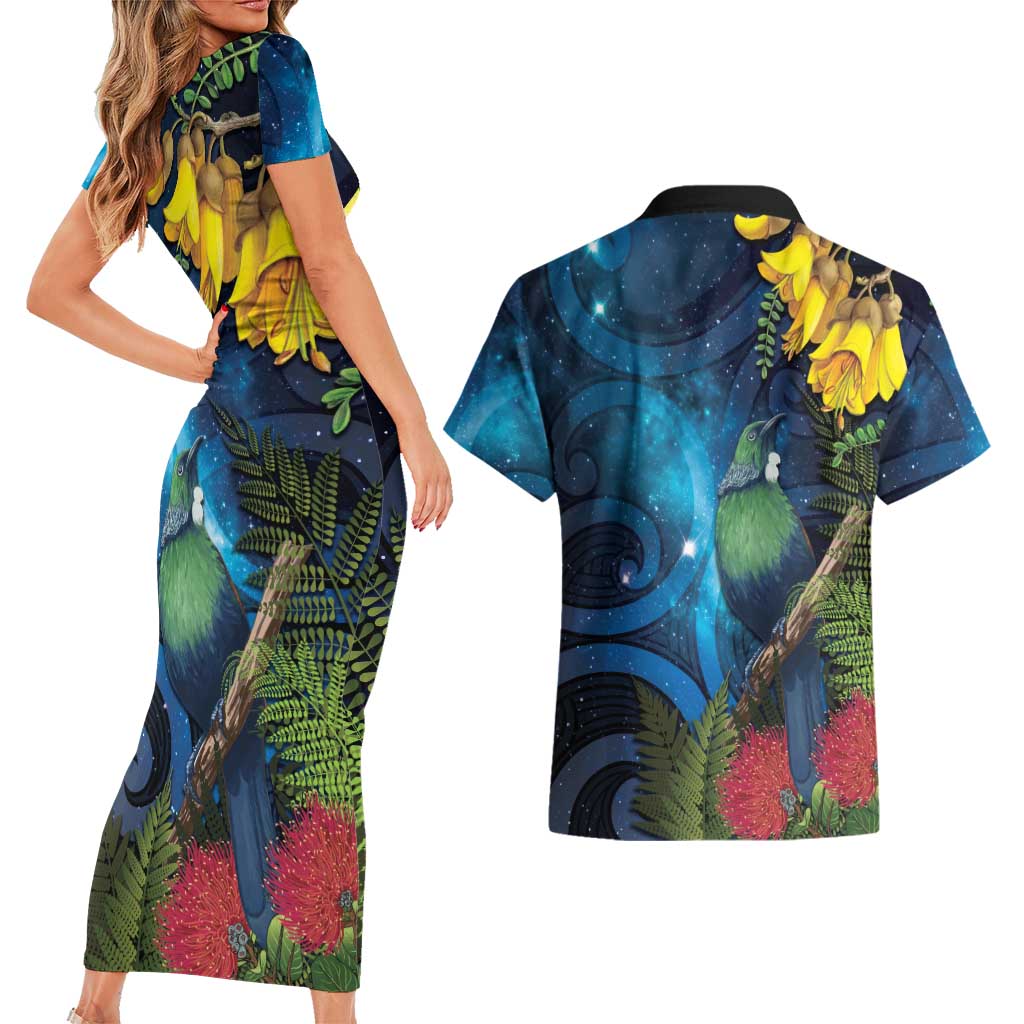 Tui Bird New Zealand Starry Sky Couples Matching Short Sleeve Bodycon Dress and Hawaiian Shirt Maori Koru
