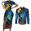 Tui Bird New Zealand Starry Sky Couples Matching Short Sleeve Bodycon Dress and Long Sleeve Button Shirt Maori Koru