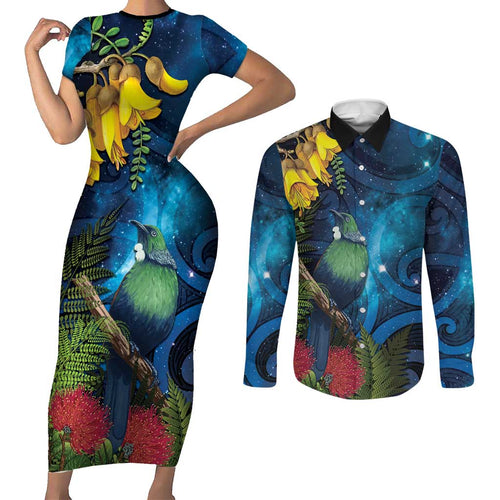 Tui Bird New Zealand Starry Sky Couples Matching Short Sleeve Bodycon Dress and Long Sleeve Button Shirt Maori Koru