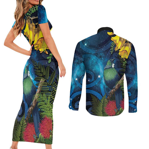 Tui Bird New Zealand Starry Sky Couples Matching Short Sleeve Bodycon Dress and Long Sleeve Button Shirt Maori Koru