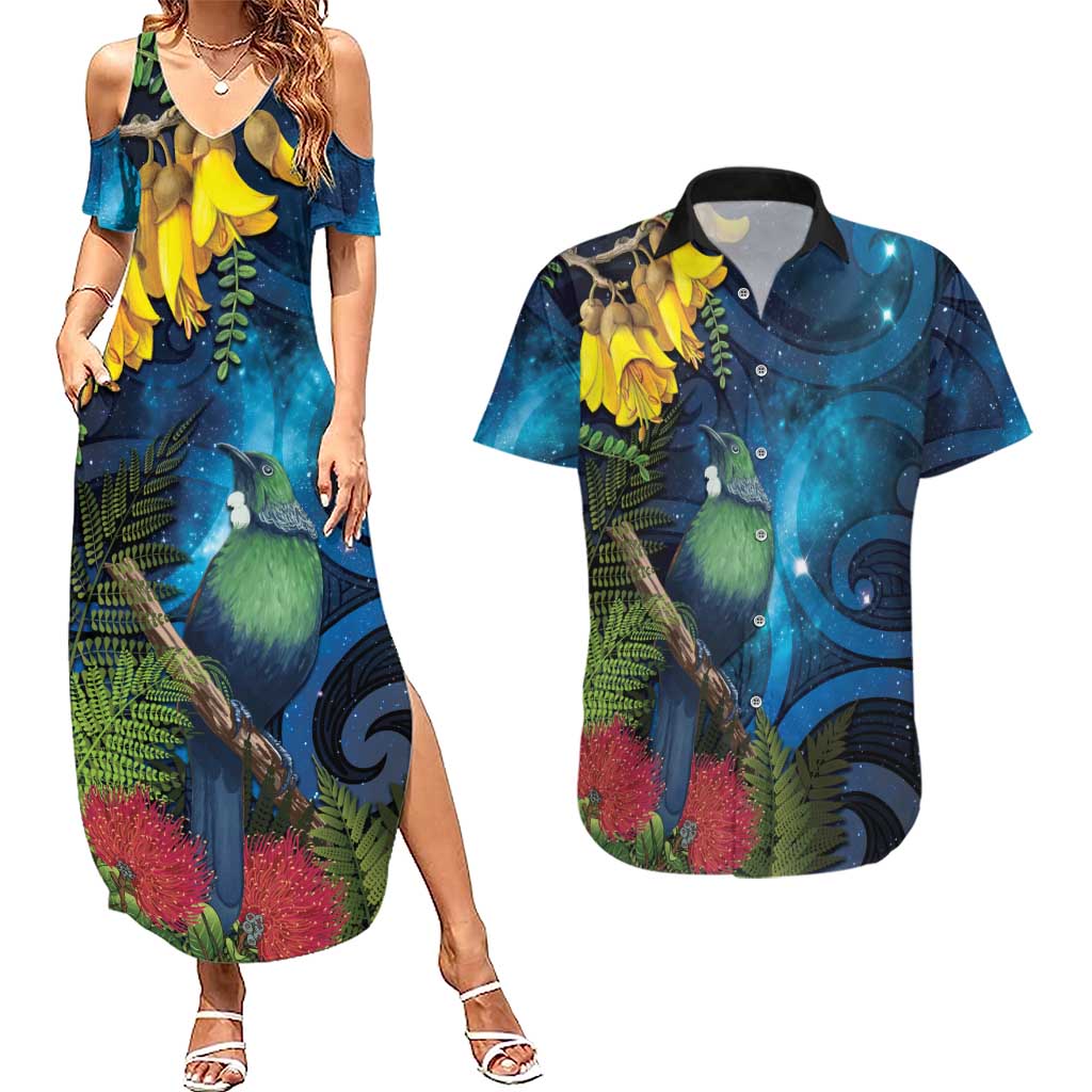 Tui Bird New Zealand Starry Sky Couples Matching Summer Maxi Dress and Hawaiian Shirt Maori Koru