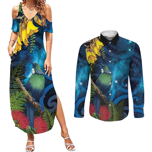 Tui Bird New Zealand Starry Sky Couples Matching Summer Maxi Dress and Long Sleeve Button Shirt Maori Koru