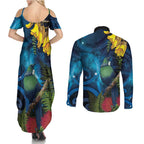 Tui Bird New Zealand Starry Sky Couples Matching Summer Maxi Dress and Long Sleeve Button Shirt Maori Koru
