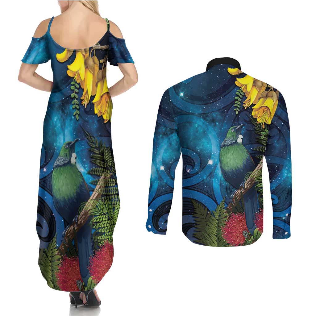 Tui Bird New Zealand Starry Sky Couples Matching Summer Maxi Dress and Long Sleeve Button Shirt Maori Koru