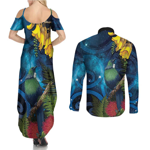 Tui Bird New Zealand Starry Sky Couples Matching Summer Maxi Dress and Long Sleeve Button Shirt Maori Koru
