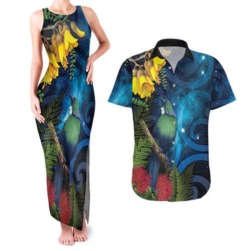 Tui Bird New Zealand Starry Sky Couples Matching Tank Maxi Dress and Hawaiian Shirt Maori Koru