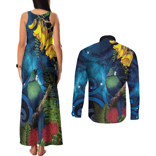 Tui Bird New Zealand Starry Sky Couples Matching Tank Maxi Dress and Long Sleeve Button Shirt Maori Koru