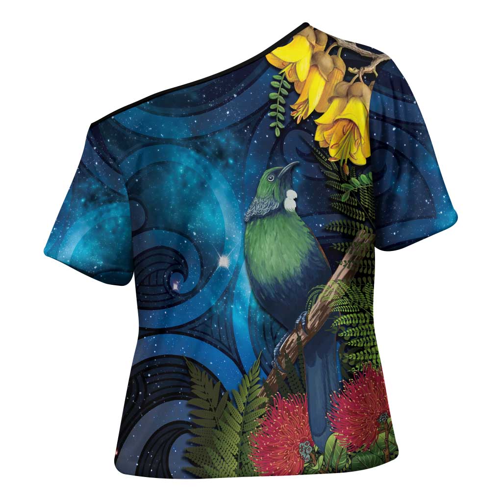 Tui Bird New Zealand Starry Sky Cross Shoulder Shirt Maori Koru
