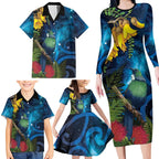 Tui Bird New Zealand Starry Sky Family Matching Long Sleeve Bodycon Dress and Hawaiian Shirt Maori Koru