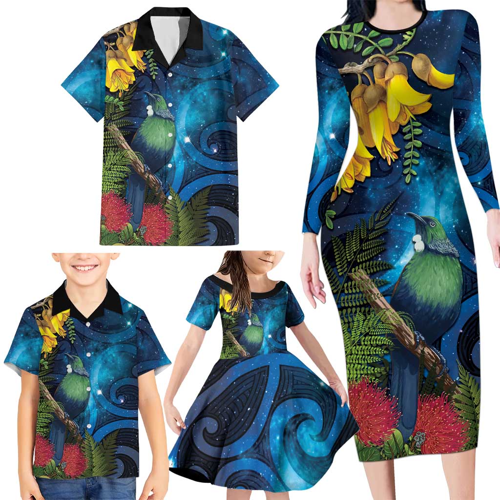 Tui Bird New Zealand Starry Sky Family Matching Long Sleeve Bodycon Dress and Hawaiian Shirt Maori Koru