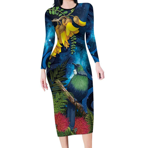 Tui Bird New Zealand Starry Sky Family Matching Long Sleeve Bodycon Dress and Hawaiian Shirt Maori Koru