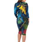 Tui Bird New Zealand Starry Sky Family Matching Long Sleeve Bodycon Dress and Hawaiian Shirt Maori Koru