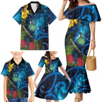 Tui Bird New Zealand Starry Sky Family Matching Mermaid Dress and Hawaiian Shirt Maori Koru