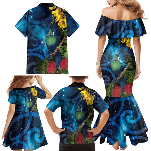 Tui Bird New Zealand Starry Sky Family Matching Mermaid Dress and Hawaiian Shirt Maori Koru