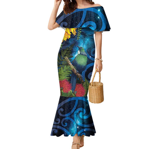 Tui Bird New Zealand Starry Sky Family Matching Mermaid Dress and Hawaiian Shirt Maori Koru