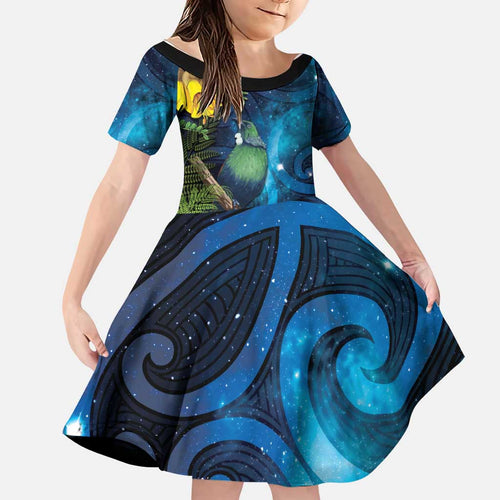 Tui Bird New Zealand Starry Sky Family Matching Off The Shoulder Long Sleeve Dress and Hawaiian Shirt Maori Koru