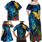 Tui Bird New Zealand Starry Sky Family Matching Off Shoulder Maxi Dress and Hawaiian Shirt Maori Koru