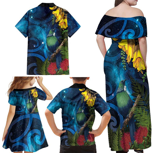 Tui Bird New Zealand Starry Sky Family Matching Off Shoulder Maxi Dress and Hawaiian Shirt Maori Koru