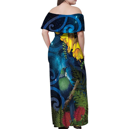 Tui Bird New Zealand Starry Sky Family Matching Off Shoulder Maxi Dress and Hawaiian Shirt Maori Koru