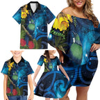 Tui Bird New Zealand Starry Sky Family Matching Off Shoulder Short Dress and Hawaiian Shirt Maori Koru