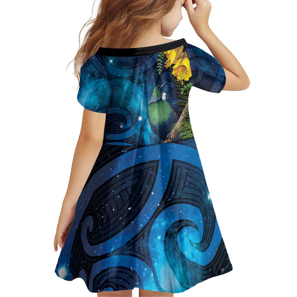 Tui Bird New Zealand Starry Sky Family Matching Off Shoulder Short Dress and Hawaiian Shirt Maori Koru