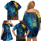 Tui Bird New Zealand Starry Sky Family Matching Off Shoulder Short Dress and Hawaiian Shirt Maori Koru