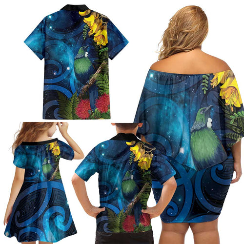 Tui Bird New Zealand Starry Sky Family Matching Off Shoulder Short Dress and Hawaiian Shirt Maori Koru