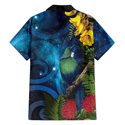 Tui Bird New Zealand Starry Sky Family Matching Off Shoulder Short Dress and Hawaiian Shirt Maori Koru
