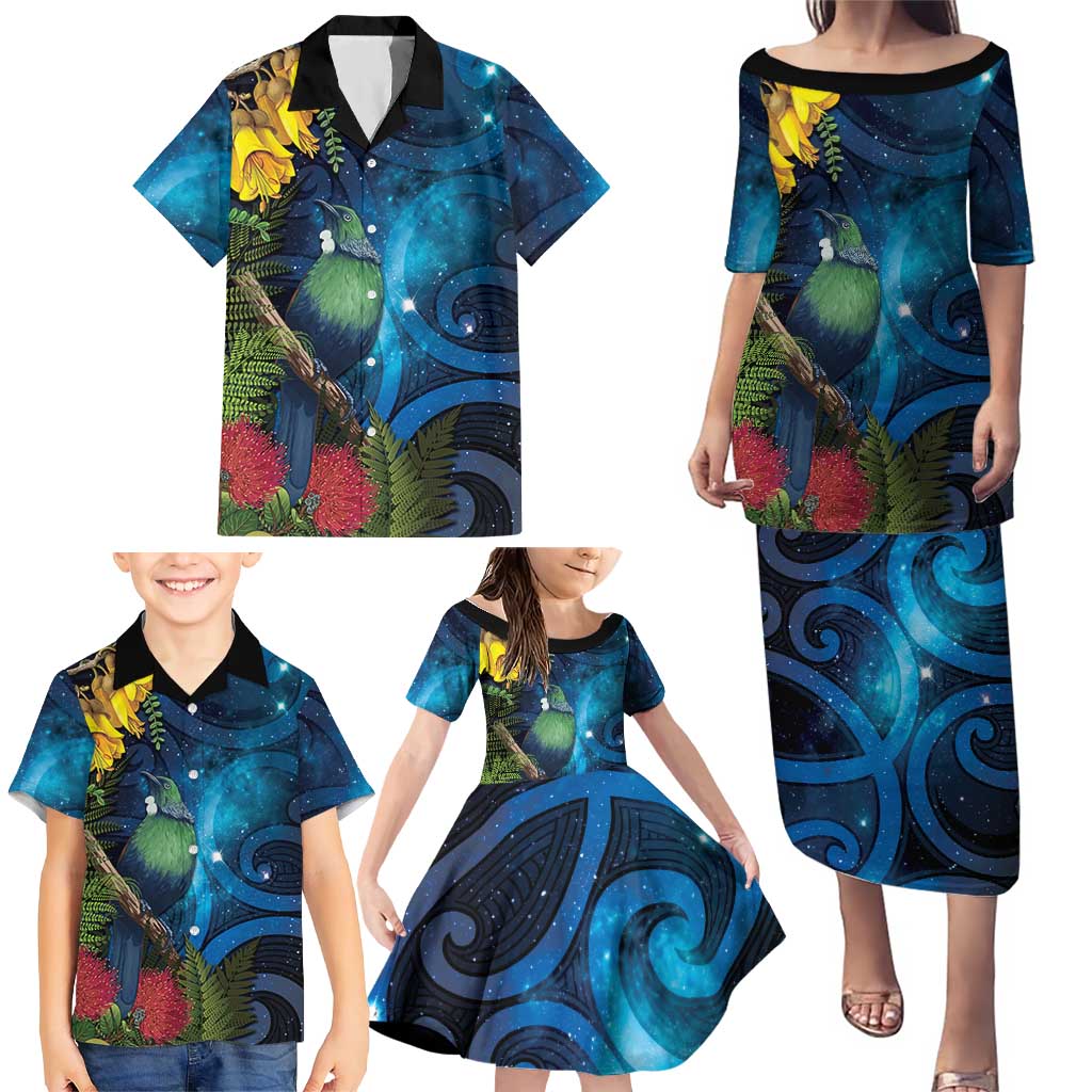 Tui Bird New Zealand Starry Sky Family Matching Puletasi and Hawaiian Shirt Maori Koru