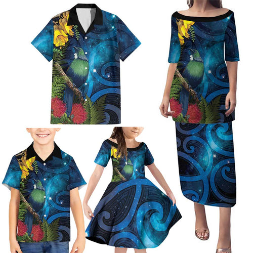 Tui Bird New Zealand Starry Sky Family Matching Puletasi and Hawaiian Shirt Maori Koru