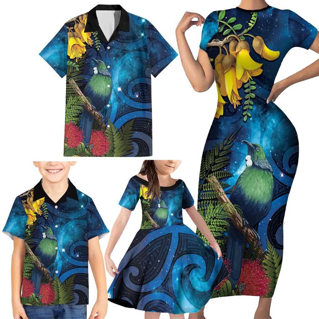 Tui Bird New Zealand Starry Sky Family Matching Short Sleeve Bodycon Dress and Hawaiian Shirt Maori Koru