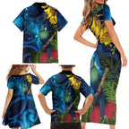 Tui Bird New Zealand Starry Sky Family Matching Short Sleeve Bodycon Dress and Hawaiian Shirt Maori Koru