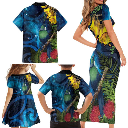 Tui Bird New Zealand Starry Sky Family Matching Short Sleeve Bodycon Dress and Hawaiian Shirt Maori Koru