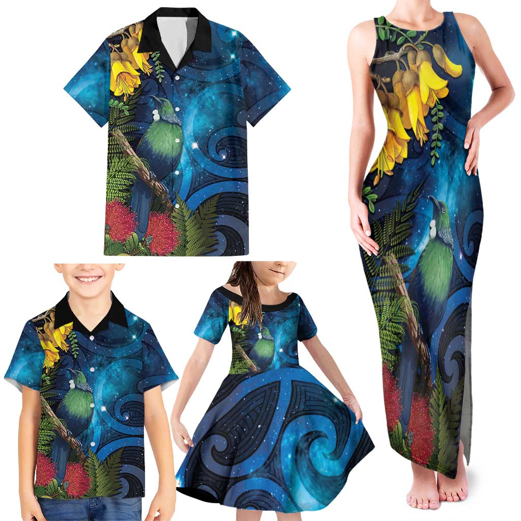 Tui Bird New Zealand Starry Sky Family Matching Tank Maxi Dress and Hawaiian Shirt Maori Koru
