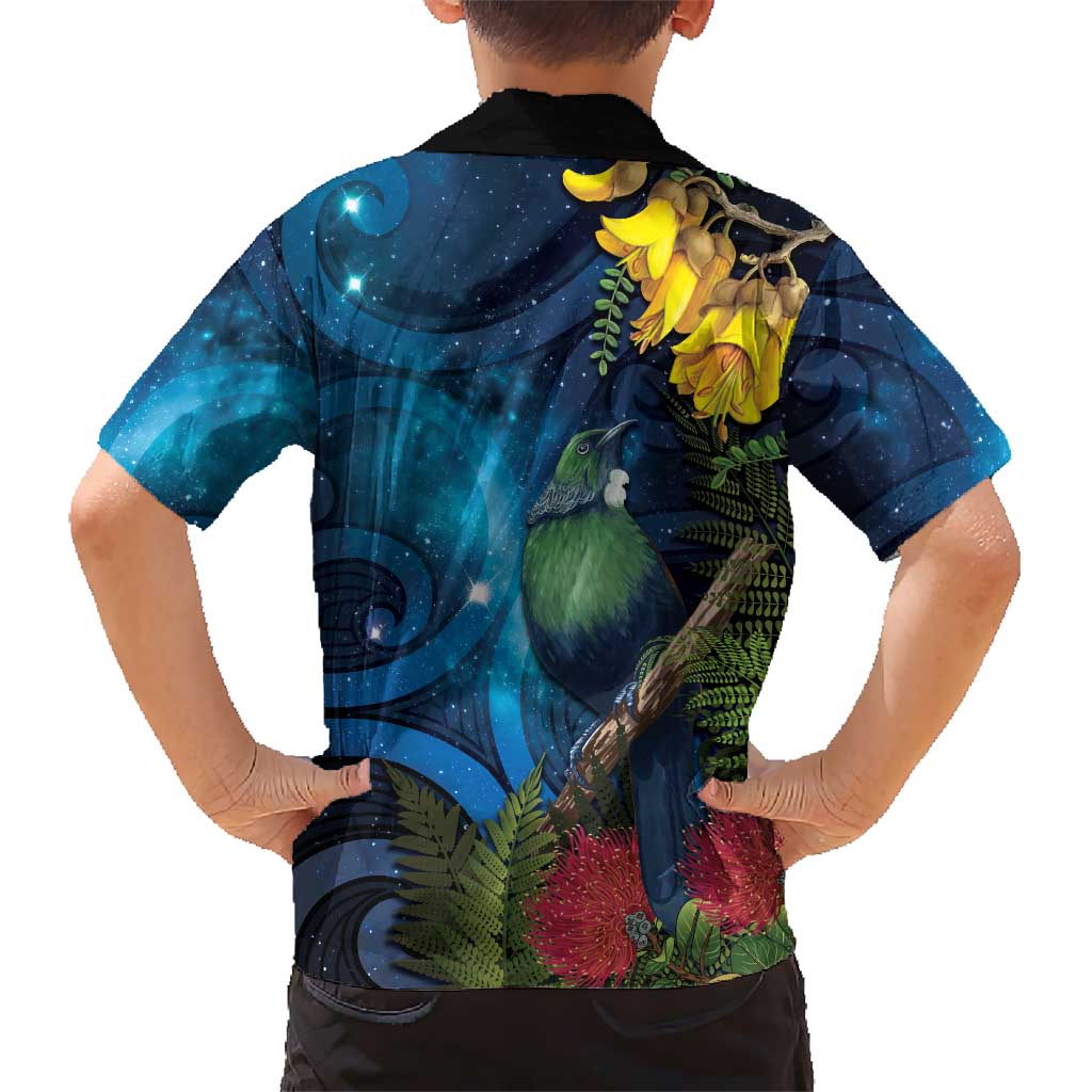 Tui Bird New Zealand Starry Sky Family Matching Tank Maxi Dress and Hawaiian Shirt Maori Koru