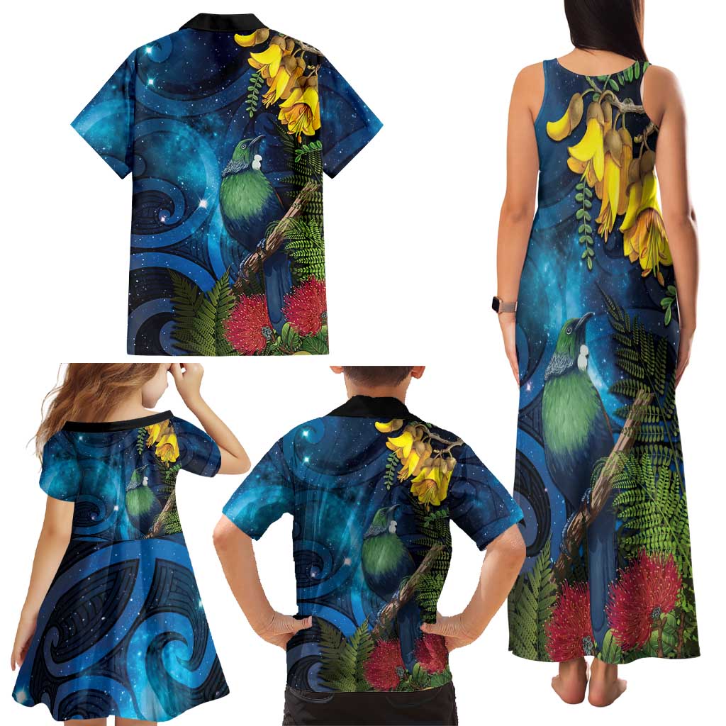 Tui Bird New Zealand Starry Sky Family Matching Tank Maxi Dress and Hawaiian Shirt Maori Koru