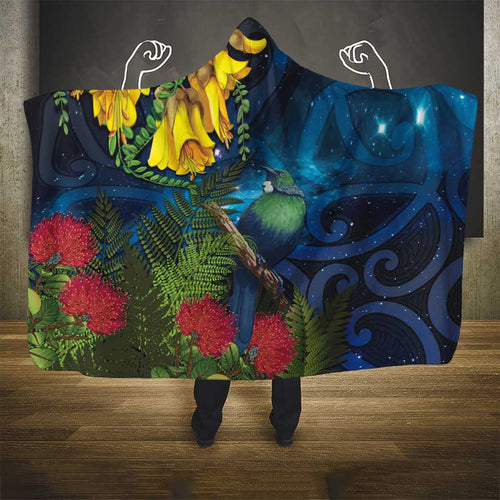Tui Bird New Zealand Starry Sky Hooded Blanket Maori Koru