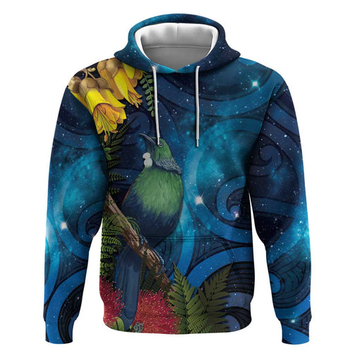Tui Bird New Zealand Starry Sky Hoodie Maori Koru