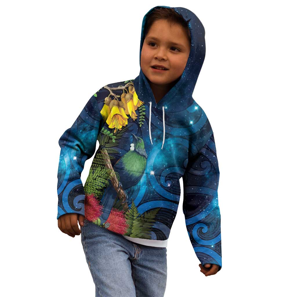Tui Bird New Zealand Starry Sky Kid Hoodie Maori Koru